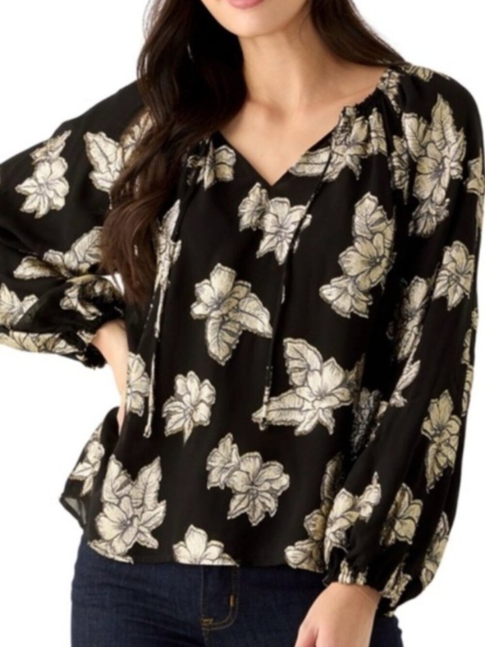 Tommy Bahama Shimmering Shores Metallic Leaf Print Split Neck Top Large
